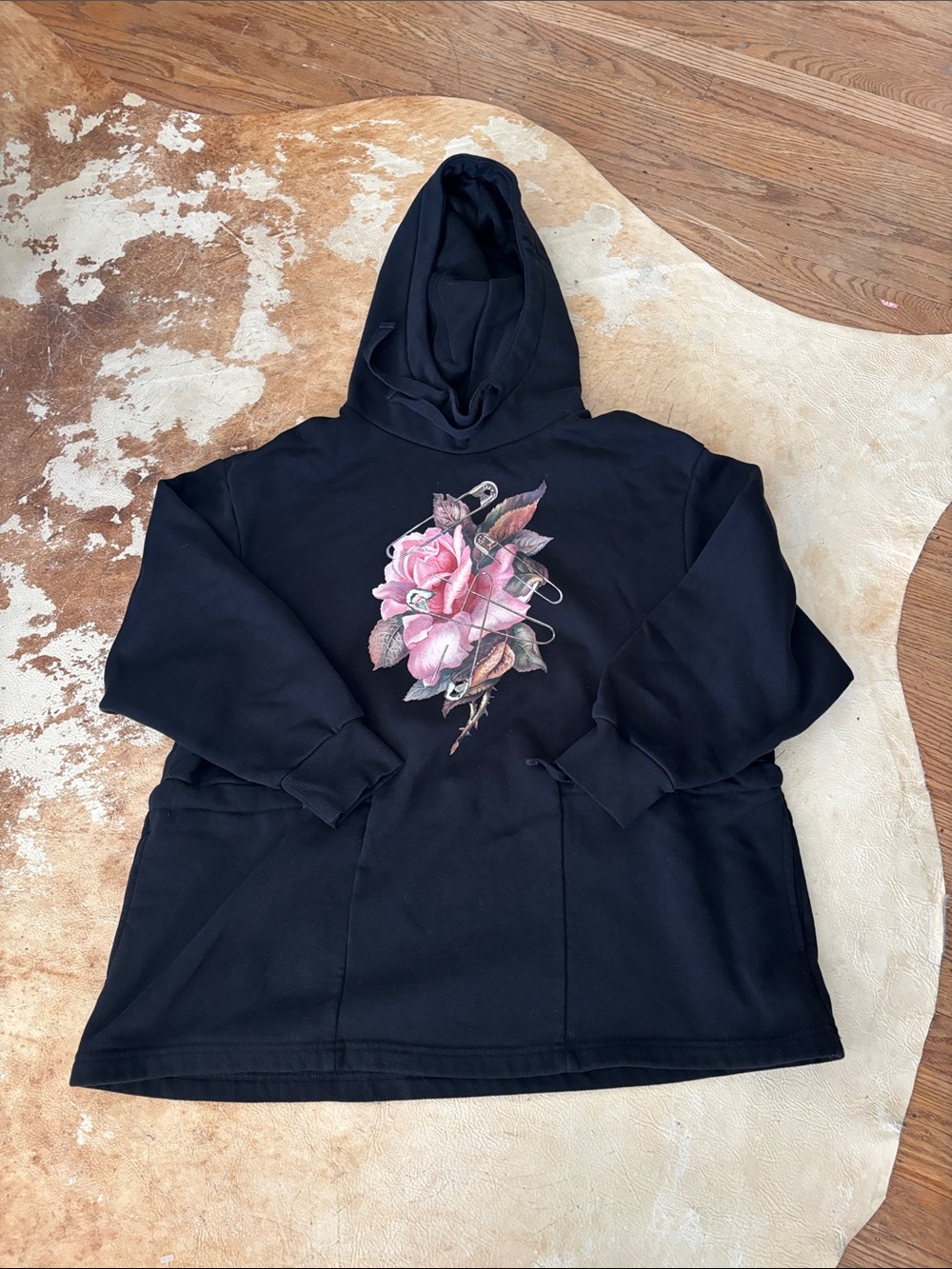 GU x Undercover Black Hoodie with Pink Rose Graphic
